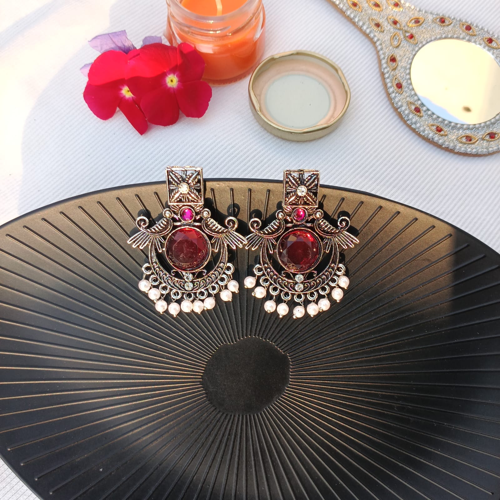 Oxidised Earrings with Red Monalisa Stone & Pearl Drops | Ethnic Bird Design Statement Jewelry for Women