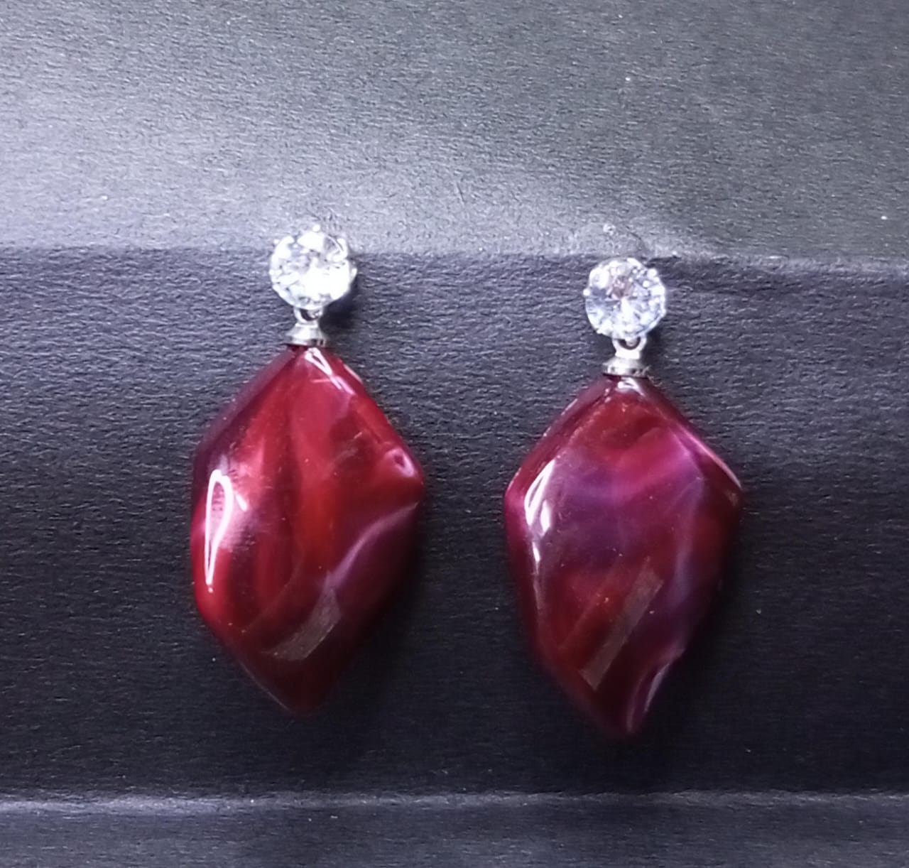 Elegant Marble Finish Red Drop Earrings with Crystal Studs